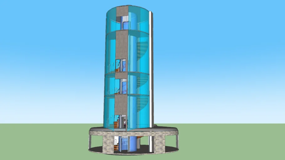Spiral staircase with central elevator