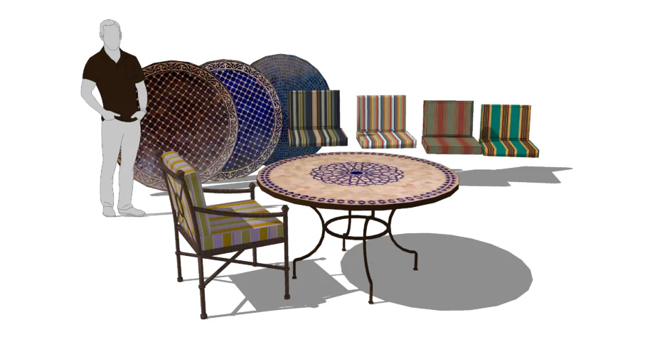 Outdoor Dining Table, Chair, Moroccan Tile Tops, Cushions