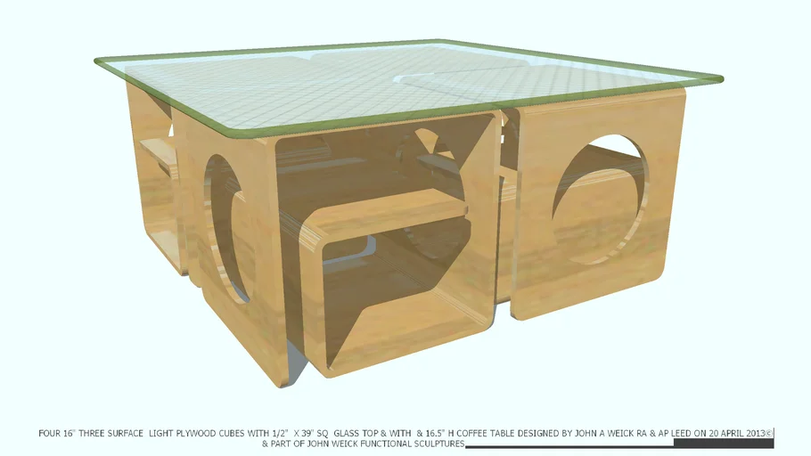 TABLE COFFEE 4 LIGHT WOOD  PLYWD CUBES & GL TOP BY JOHN A WEICK RA