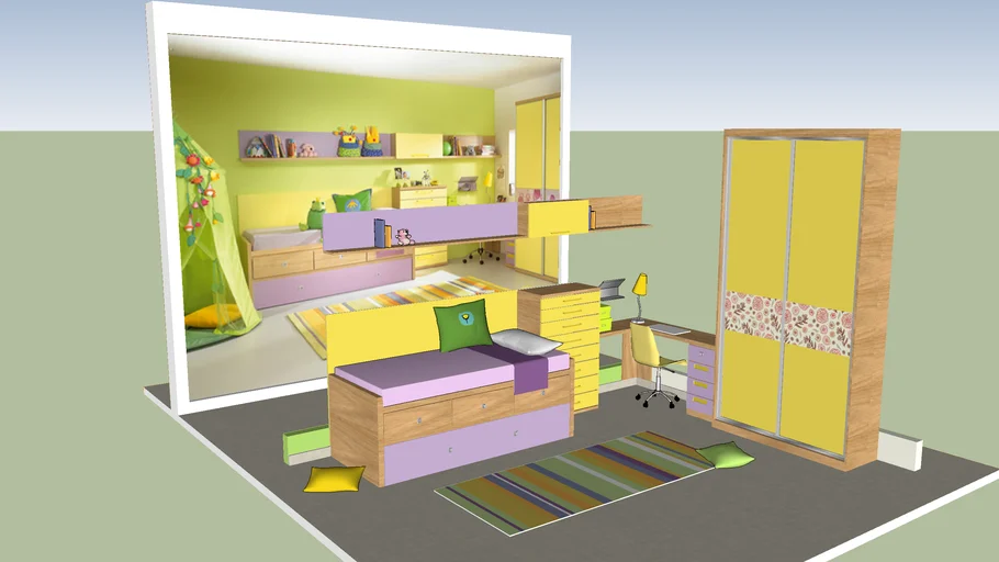 Girls Bedroom (Yellow and Purple) - Habitacion de Niñas (Amarillo y Violeta)