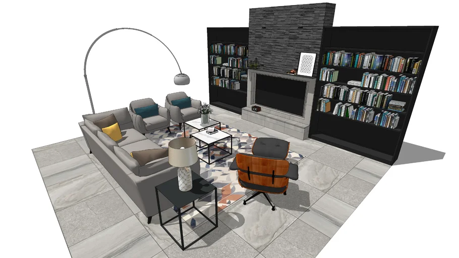 sala de estar humanizada- livros + tapete + poltrona