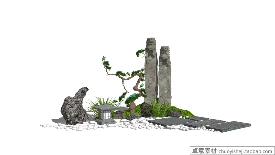园林景观日式庭院绿植假山