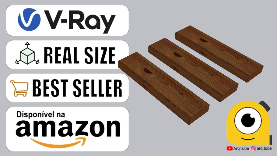 Kit 3 prateleiras (60x15x5cm), em madeira maciça Pinus, verniz Jacarandá, AMAZON + V-RAY