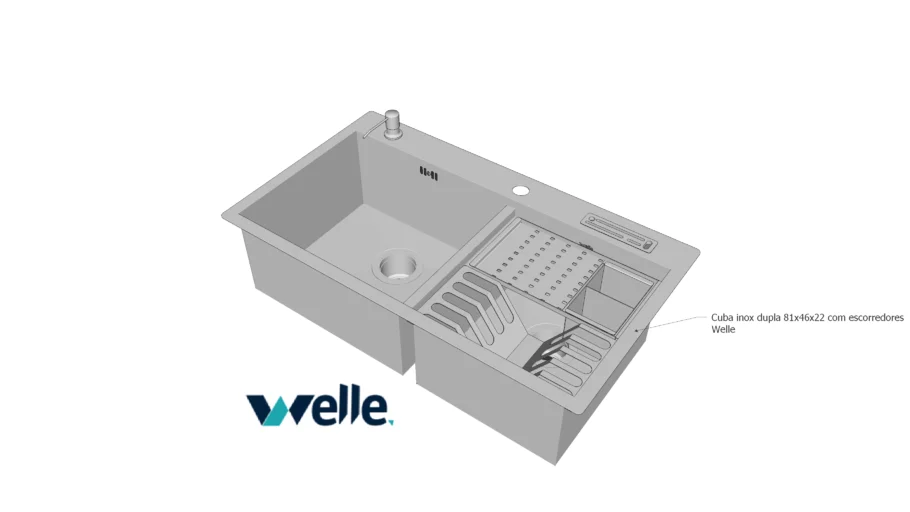 Cuba dupla com calha úmida, faqueiro e dispenser em aço inox para cozinha ARTIZAN 81X46X22 cm Welle