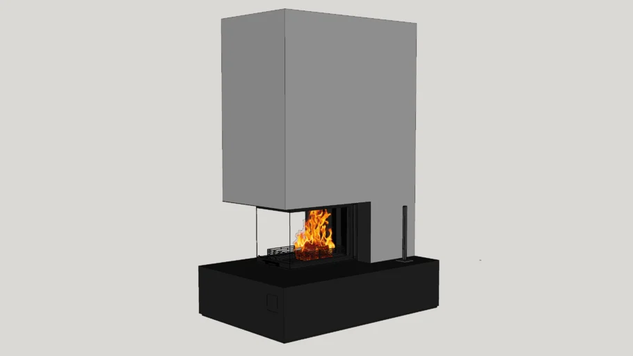 Three-sided modern fireplace with fireplace tools