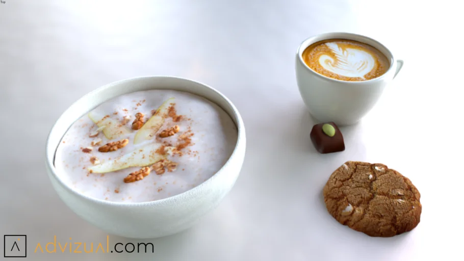 Cups of coffee with food (V-Ray Ready)