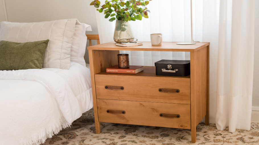 Cali Two-Drawer Wide Nightstand in Hazelnut - Leather Pull