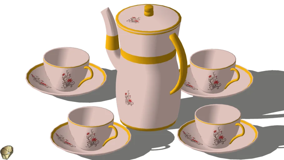 conjunto bule e xicaras rosa com texturas em 3D