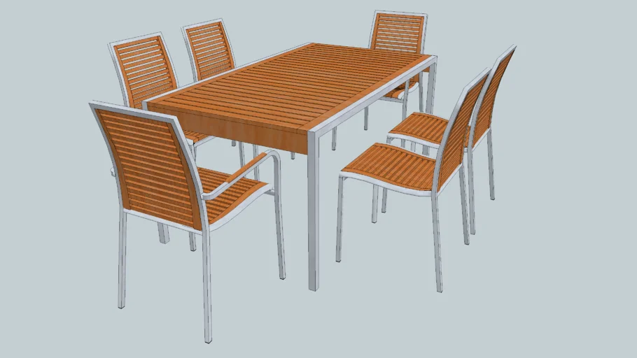 Mesa y sillas de madera y acero inoxidable