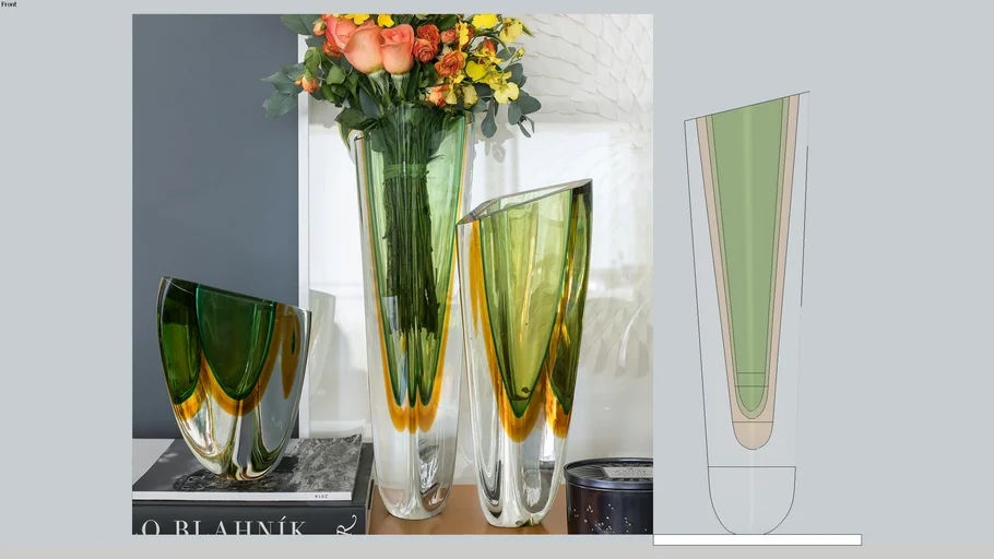 Vaso Triangular Nº 1 Bicolor Verde com Âmbar - Murano Cristais Cadoro