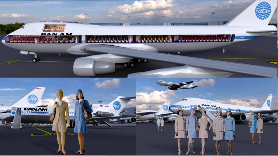 PAN AM 1970s Fleet in short titles & blue globe livery - Boeing 707, 727, 747 and 747SP