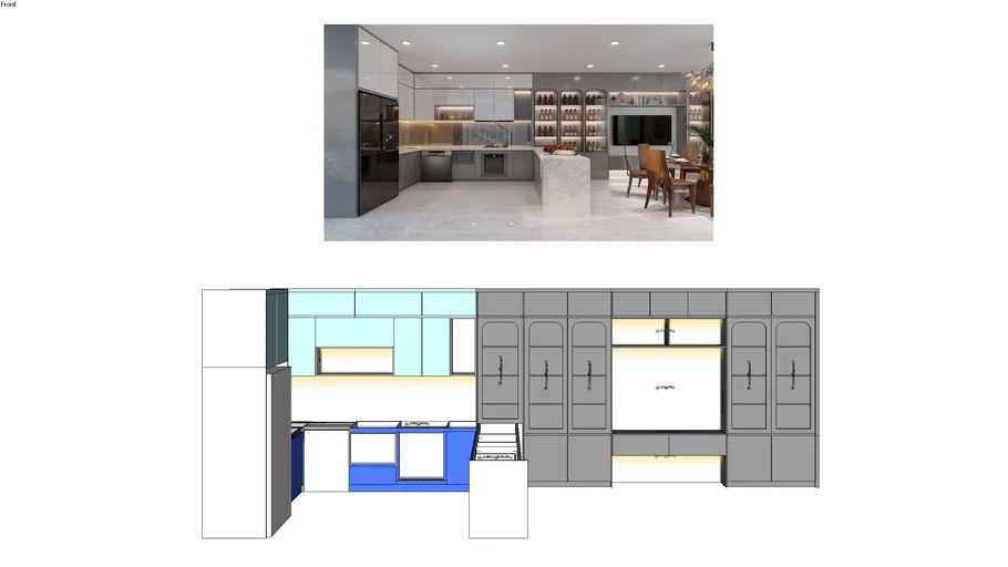 KẾT CẤU KỸ HỆ TỦ BẾP KẾT HỢP TỦ TIVI (TECHNICAL STRUCTURE OF KITCHEN CABINETS COMBINED WITH T)