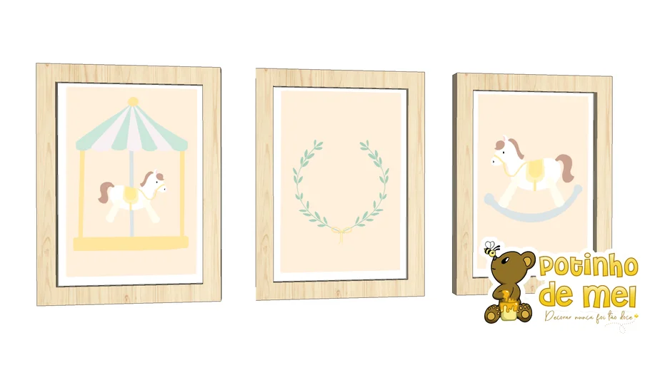 Trio De Quadros Pinus Com Vidro Cavalo De Balanço - Potinho de Mel