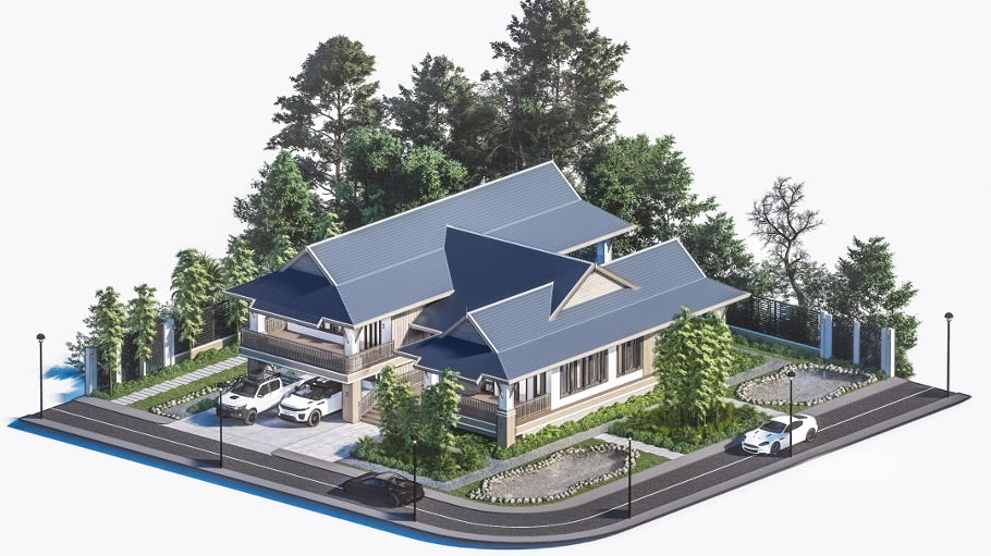 Three-Storey House Traditional Thailand - Exterior Isometric