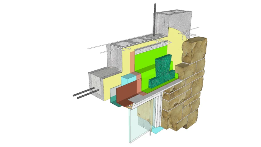 03.030.0601 Window Head Detail - Anchored Stone Veneer | CMU Backing