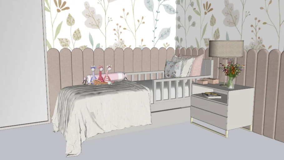 quarto infantil / cama de solteiro / quarto menina / criado mudo / papel de parede / 