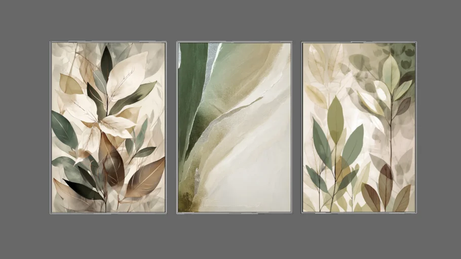 Quadro Decorativo Orgânico Abstrato Soft Green Kit de 3 Quadros - BIMPER