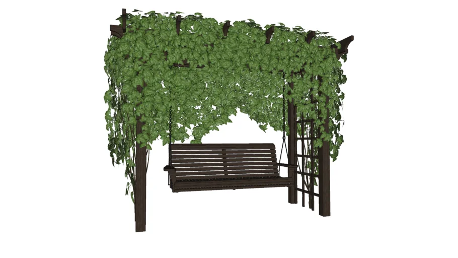 Balanço de jardim com estrutura e trepadeira.