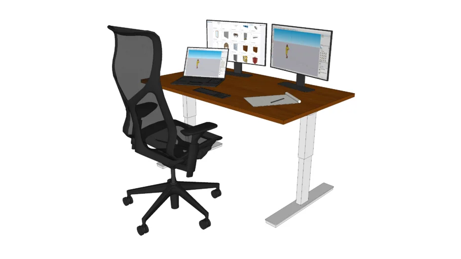 mesa de oficina con silla y computadoras