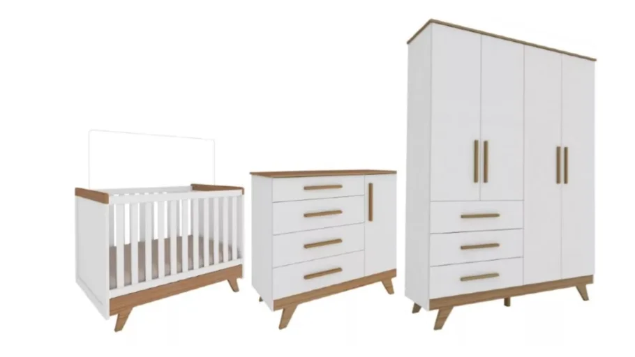 Quarto Bebê Completo - Berço Guarda Roupa Cômoda Retrô Peroba