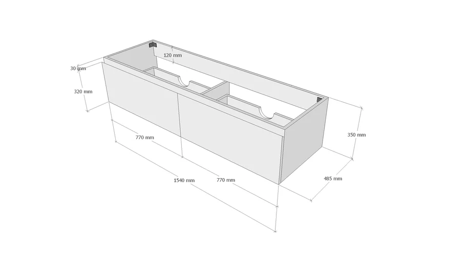 Underskåp 2 lådor fasat grepp Urtag lådrygg 1540x485x350