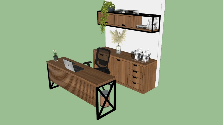 MESA DE ESCRITÓRIO COM ARMÁRIO INFERIOR E SUPERIOR ATRÁS/Móveis planejados com pé industrial 