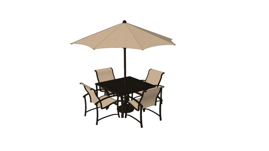 Outdoor table chairs and umbrella