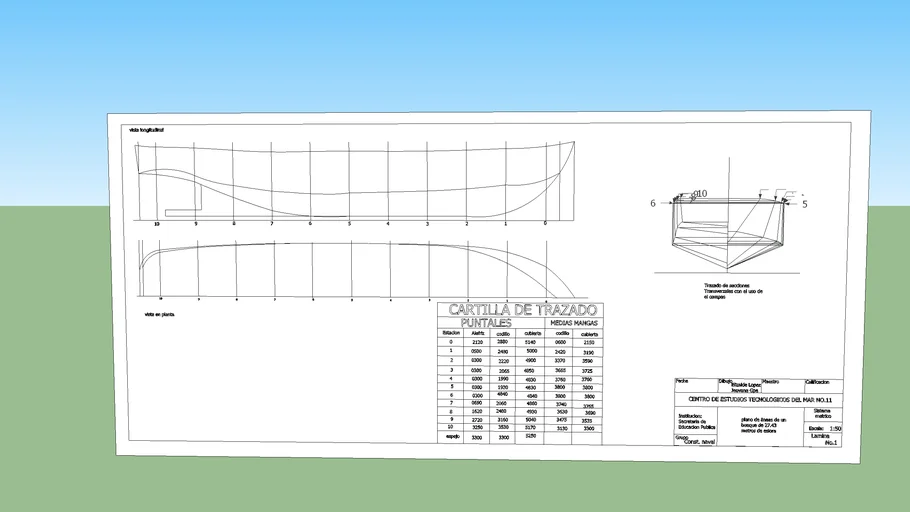 Plano de lineas de un buque de 27.43 m. de eslora