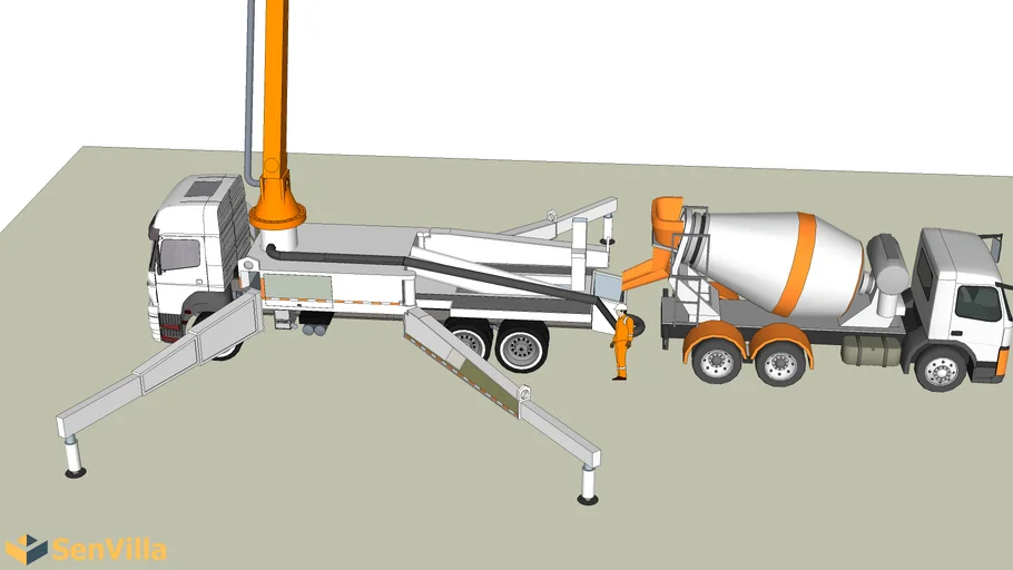 Concrete boom and mixer truck in construction building
