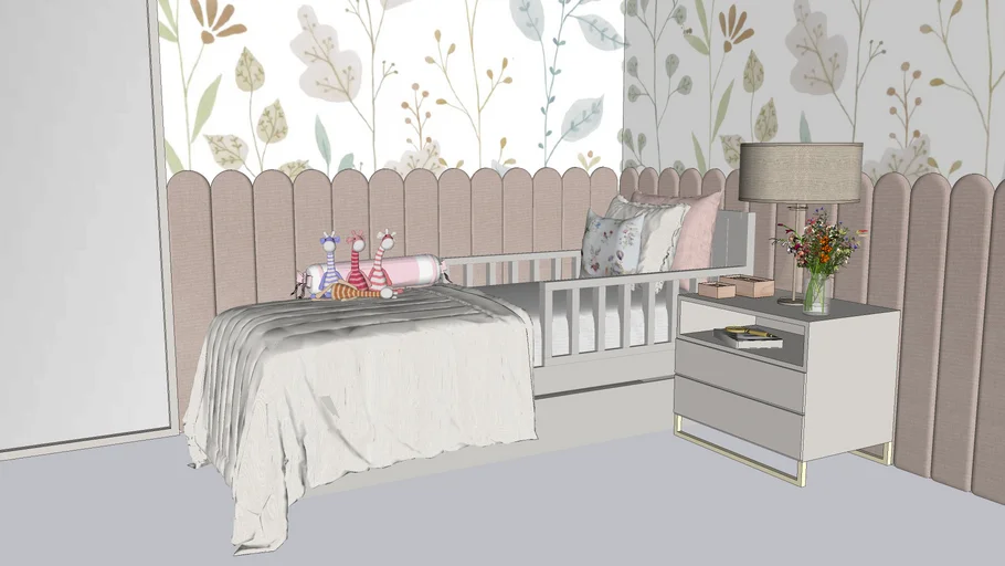 quarto infantil / cama de solteiro / quarto menina / criado mudo / papel de parede / 