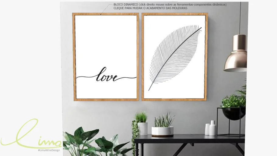 Conjunto com 2 quadros decorativos pena e love