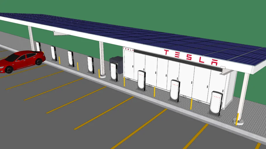 Tesla Supercharger station with solar canopy and Megapack 250 Kv