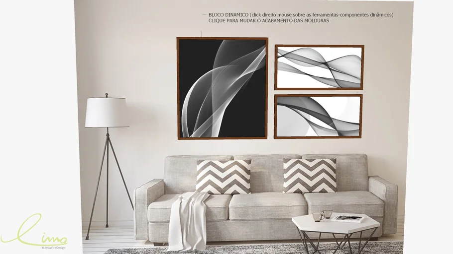 Conjunto com 3 quadros decorativos abstrato preto e branco