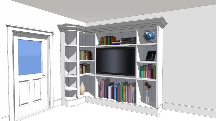 Corner Bookshelf with Flat Screen TV area