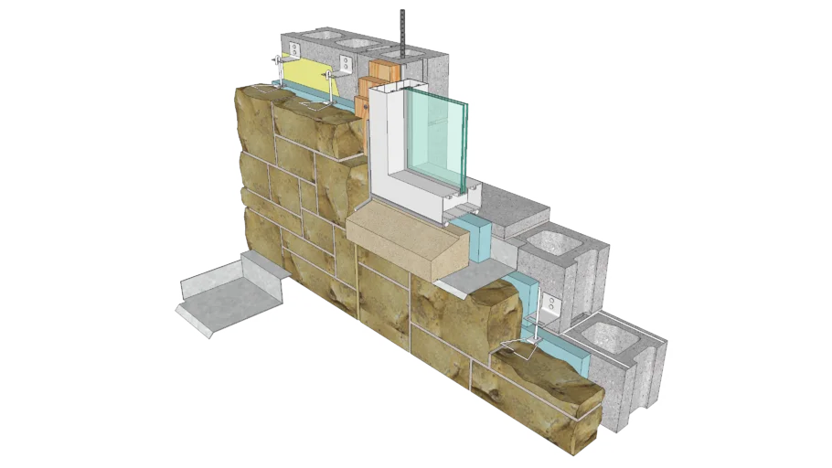 03.030.0401 Window Sill Detail - Anchored Stone Veneer | CMU Backing